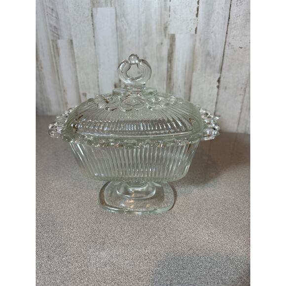 Vintage Indian‎ Depression Clear Lace Footed Candy Dish w/lid - Picture 1 of 4